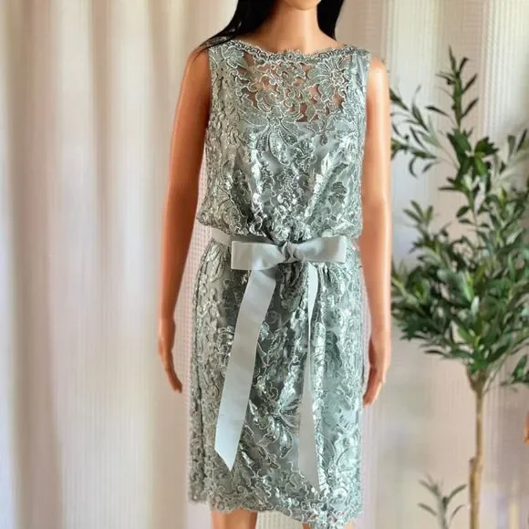 NWT Tadashi Shoji Ice Green Sequin Lace Dress Cocktail Dress Ribbon‎ Belt Size 6 - Picture 2 of 12